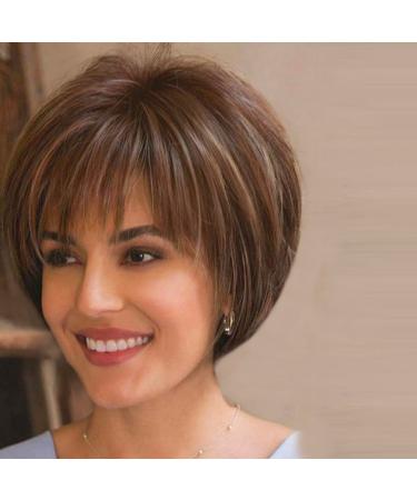 Short Brown Wigs for Women Mixed Blonde Natural Wig with Bangs Synthetic Pixie Cut Short Hair
