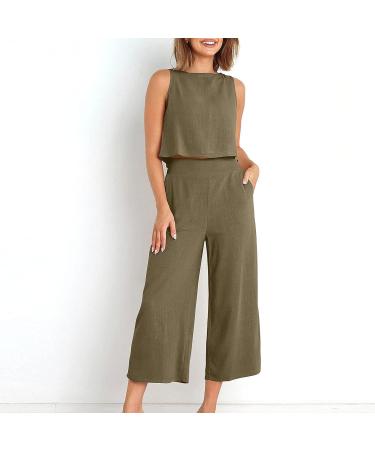 Women's Summer Two Piece Set - Sleeveless Crop Top and Capri Pants in Khaki - Size Medium - Buy Online on GoSupps.com