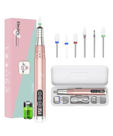 35000RPM Nail Drill Professional, Kredioo Rechargeable Portable Electric File with Twist Lock LED Screen Easy Efile Kit for Acrylic Nails Gel Polish Manicure Pedicure Salon Quality Rose Pink