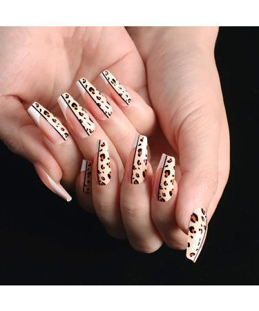 Sethexy long leopard ballerina false nail french nude pink coffin false fingernails shiny 24st acrylic art nail tips for women and girls