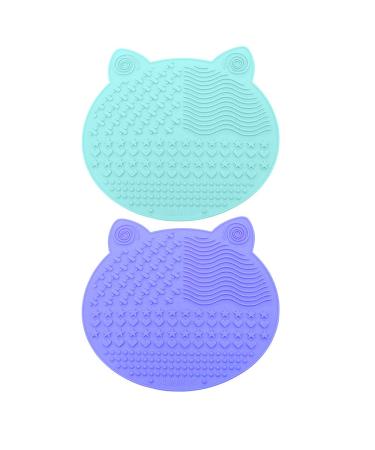 2-Pack Makeup Brush Cleaning Mat Cute Cat Animal Design Silicone Portable Brush Cleaner Pad Washing Tools with Suction Cups (Green+Purple)