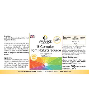 WARNKE VITAL SUBSTANCES Vitamin B complex from natural source 100 capsules B vitamins with choline and inositol vegan Warnke Vitalstoffe German pharmacy quality - Buy Online on GoSupps.com