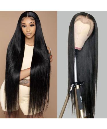 Lsybeauty Synthetic Lace Front Wig - 37 Inch Long Straight Wigs 180% Density Extra Long Wig Deep Middle Part Long Black Wigs for Women with Baby Hair Glueless Hair Replacement Heat Resistant Fiber 37" 1B