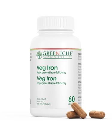 Greeniche Iron 60 Vegan Capsule 100 mg Iron Extremely Gentle on Stomach High Absorption Iron Supplement Immune Support Prevents Iron Deficiency Non-Constipating Gluten Free 60 Count (Pack of 1) 60.0