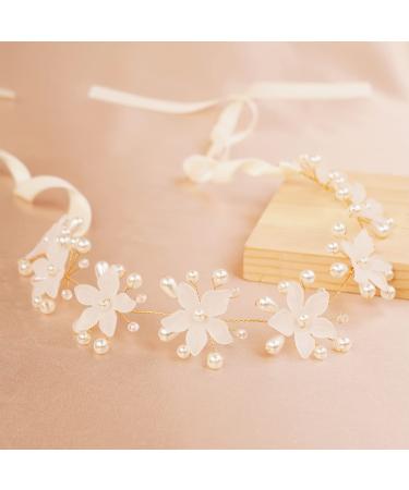 BERYUAN White Flower Pearls Crystal Wedding Hair Vine Pearls Crystal Beads Bridal Headpiece Princess Wedding Headband Gold Wedding Hair Accessories for Brides Bridesmaid