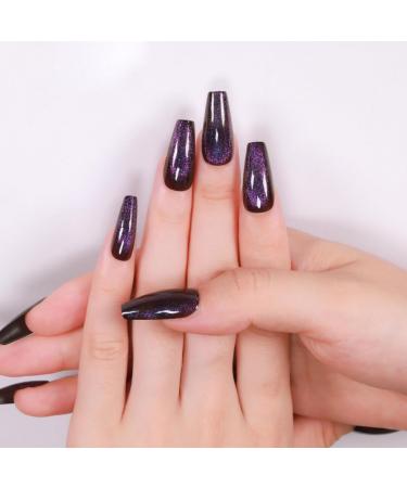 Press On Nails - Midnight Purple | Dark Glitter Velvet Coffin Nails | 24 Reusable Cat Eye Design for Women and Girls - Buy Online on GoSupps.com