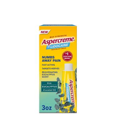 Aspercreme Essential Oils Lidocaine Pain Relief Cream Max-Strength Lidocaine Numbs Away Nerve Pain Moisturizing Aloe Hydrates Skin Eucalyptus 3 Oz.