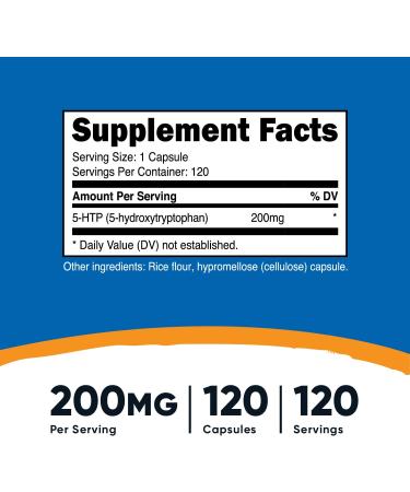 Nutricost 5-HTP 200mg - 120 Vegetarian Capsules (Non-GMO) - Gluten Free - Supports Serotonin Production - 120 Count - Buy Online on GoSupps.com