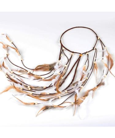 Bohemian Feather Hairband Indian Gypsy Headband with White and Brown Feathers - Festival Hippie Costume Accessory - Buy Online on GoSupps.com