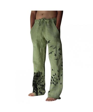 YUNDAN Men Cotton Linen Casual Pants Wide Leg High Waist Sweatpants Drawstring Regular Fit Print Yoga Pants Trouser Sleepwear Green X-Large