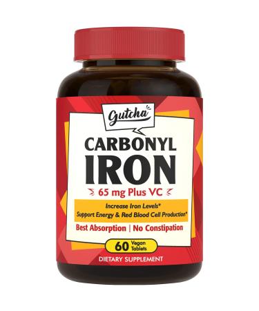 Gutcha Iron Supplement 65 mg Carbonyl Iron Plus Vitamin C Energy & Blood Support for Women & Men Better Absorption Gentle on The Stomach No Nausea No Constipation Vegan Non-GMO 60 Ct