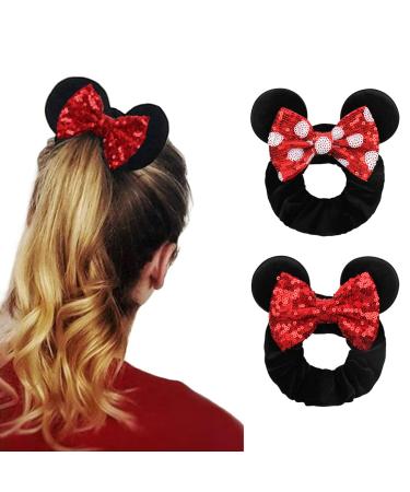 YanJie Women Mouse Ears Red Dot Sequin Bows Velvet Scrunchies Elastic Rubber Hair Band Cute Hair Ties Rope Ponytail Holder Hair Accessories Sparkle Bow Girl(2pcs/Pack)