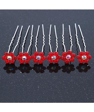 Bridal/Wedding/Prom/Party Set Of 6 Red Austrian Crystal Daisy Flower Hair Pins In Silver Tone - Buy Online on GoSupps.com