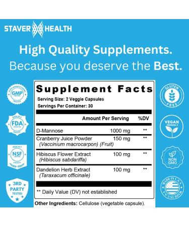 Urinary Tract Health Cranberry Pills for Women D Mannose 1000mg Capsules - Dandelion Herb Supplement - Helps Women Health 60 CT - Buy Online on GoSupps.com