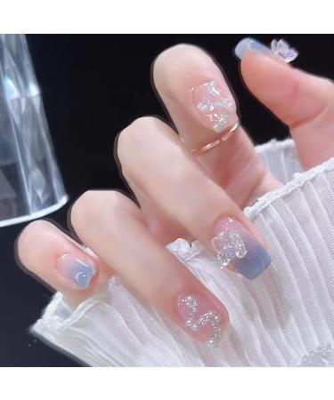 Butterfly Press on Nails Short Nude blue Fake Nails with White Pearl Rhinestones Glossy Full Cover Glue on Nails Artificial Acrylic Stick on Nails False Nails for Women(Blue and Butterfly)