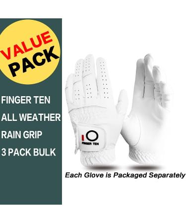 FINGER TEN Men's Left Hand Golf Gloves Rain Grip 3 Pack - All Weather Durable in Small, Medium, Large, XL - White, Black, Blue, Red, Brown - Medium/Large Left - Buy Online on GoSupps.com