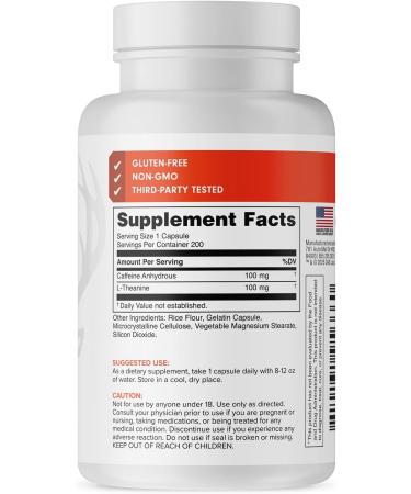 Bucked Up Caffeine with L-Theanine | 100mg Caffeine + 100mg L-Theanine per Serving | Non-GMO | Gluten-Free | Third-Party Tested Energy Support Supplement - 200 Servings (200 Capsules) - Buy Online on GoSupps.com