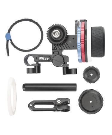 Nitze Mini Follow Focus Kit with 3 Reversible Drive Gears, 2 Marking Disks, Gear Ring Belt, 15mm Rod and 15mm Rod Clamp with NATO Rail, Support A/B Hard Stops and 360 Infinity Zoom - MF15C MF15C Single Rod Follow Focus