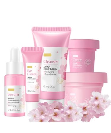 Skincare Gifts For Women 5PCS Cherry Blossom Skin Care Sets & Kits for Dry Skin Sakura Skin Care Set with Essence Mud Mask Facial Cleanser Eye Cream Face Moisturizer Smoothing Skin Tone-All Skin Type