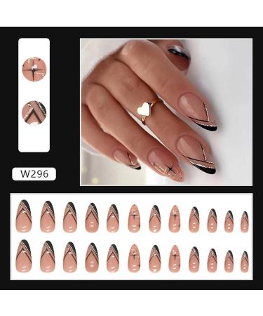 24 Pcs Medium Almond Shape Press on Nails with Black Gold Glitter Lines - False Nails for Women | DIY Manicure Decor - Buy Online on GoSupps.com