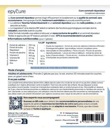 EPYCURE - Peaceful & Serene Sleep Cure - Fast Sleep Reparative Sleep Without Addiction - 99.6% Natural - Valerian Kudzu Magnesium - 1 Month - Vegan - Made in France - Buy Online on GoSupps.com
