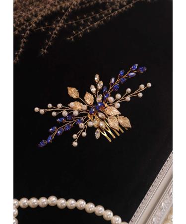 Kercisbeauty Gold Leaf Hair Comb with Blue Crystal Wedding Bridal Hair Piece Pearl Handmade Jewelry for Special Occasion - Buy Online on GoSupps.com