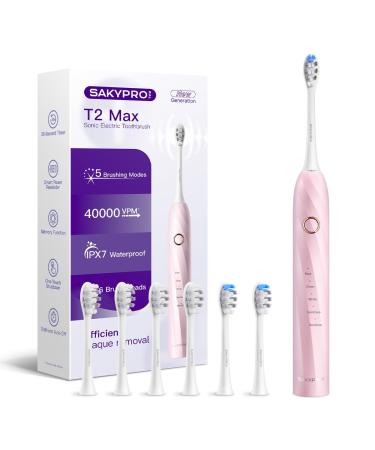 Sonic Electric Toothbrush for Adults and Kids - 70 Days Rechargeable Sonic Toothbrush with 6 Brush Heads IPX7 Waterproof Pink Smart Power Toothbrush (T2 Max) Pink 1 Count (Pack of 1)