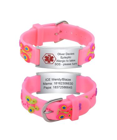 Kids Bracelet Safety ID Wristbands - Cusromised Outdoor Anti-Lost Wristband with Silicone Cartoon Pattern Personalised Medical Alert Bracelets with Emergency Contact Information For Child Boys Girls Pink Silver-butterfly-medical