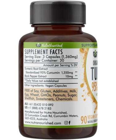 Nutra Nourished Organic Turmeric Curcumin with Black Pepper - 1350mg Standardized Turmeric 95% Curcumin| Highest Strength Curcumin Curcuma Capsules | Made in Australia (90 Capsules) - Buy Online on GoSupps.com