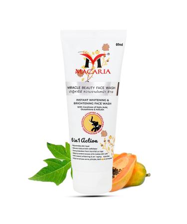 Miracle Beauty Instant Whitening Face Wash & Cleanser for Women & Men Deeply Hydrates & Exfoliates Skin with Natural Extracts of Papaya Hyaluronic Glycolic Salicylic & Kojic Acid 60ml