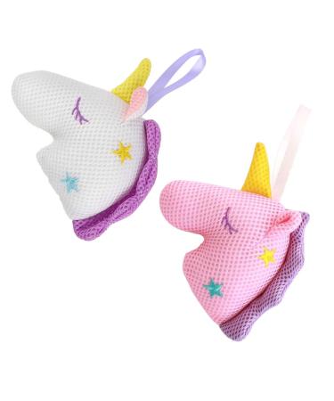 HEALLILY Unicorn Bath Sponge Pouf Exfoliating Loofah for Soothing Skin for Women Girls 2pcs (White  Pink)