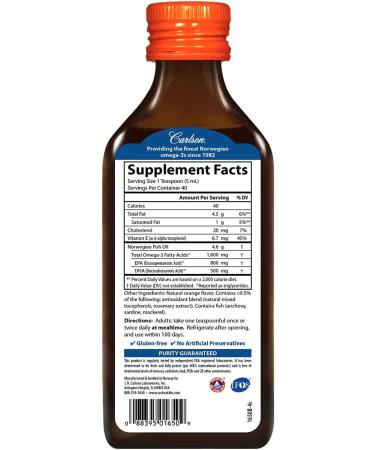 Carlson The Very Finest Fish Oil 1600 mg Omega 3 Liquid Fish Oil Supplement Norwegian Fish Oil Sustainably Sourced Fish Oil Liquid - Orange - 6.7 Fl Oz - Buy Online on GoSupps.com