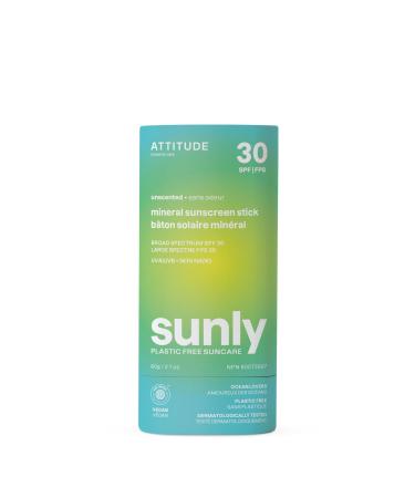 ATTITUDE Mineral Sunscreen Stick with Zinc Oxide SPF 30 EWG Verified Plastic-Free Broad Spectrum UVA/UVB Protection Dermatologically Tested Vegan Unscented 2.1 Ounces Unscented 2.11 Ounce (Pack of 1)