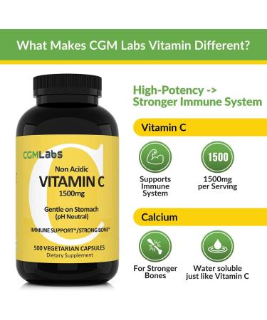 CGMLABS Non Acidic Vitamin C Dietary Supplement 1500mg with Calcium. Gentle on Stomach Immune/Bone Support (500) - Buy Online on GoSupps.com