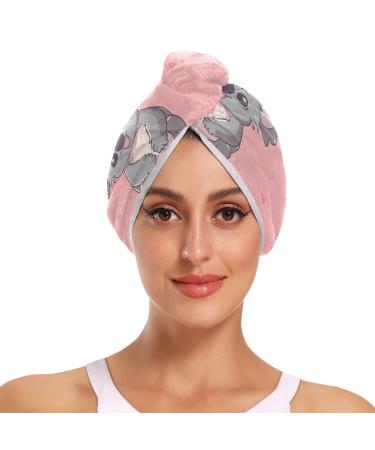 Grey Koala Pink Hair Towel 2 Pack Super Absorbent Hair Drying Towel Quick Dry Hair Turbans Head Towel with Button Twisty Wrap for Women Girls