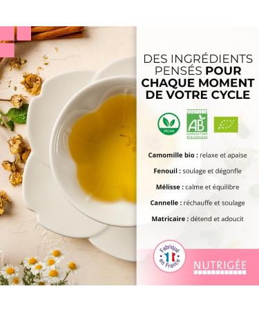 Infusion confort menstruel bio | soulage r gles douloureuses et SPM | camomille fenouil m lisse matricaire | apaisement naturel du cycle f minin | 30 sachets | fabriqu en France l NUTRIG E - Buy Online on GoSupps.com