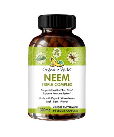 Organic Veda Neem Capsules with Triple Complex Neem Leaf Extract Bark & Flower - Herbal Supplement Boosts Immunity Improves Digestion Skin Health & Support Cleansing - 60 Count