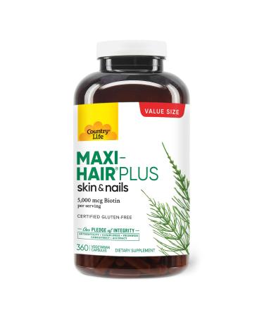 Country Life Maxi-Hair Plus 5000 mcg Biotin 360 Capsules Certified Gluten Free Certified Vegetarian