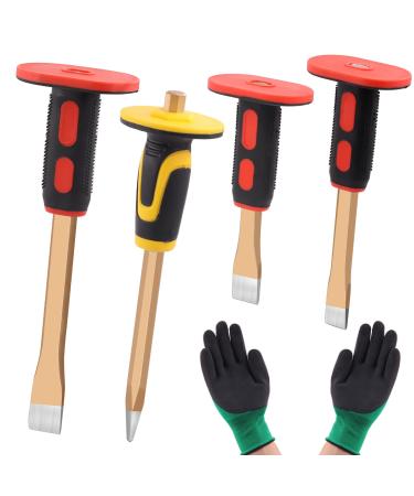 Tanstic 5Pcs Masonry Chisel Set  7.8 9.8 11.8 Heavy Duty Flat Chisel and Point Chisel with Hand Protection and Gloves  Concrete Breaker Chisels for Demolishing Carving Masonry B Kit