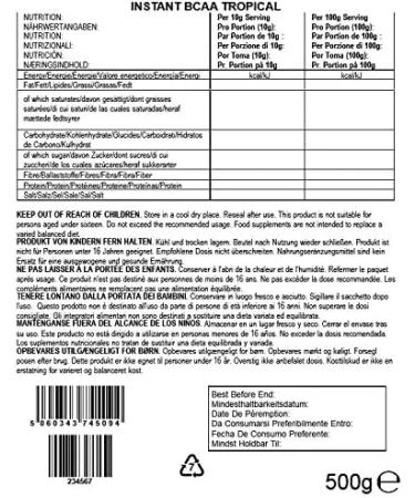 Bulk Instant BCAA Powder 8g Branched Chain Amino Acids per Serving Tropical 500g - Buy Online on GoSupps.com