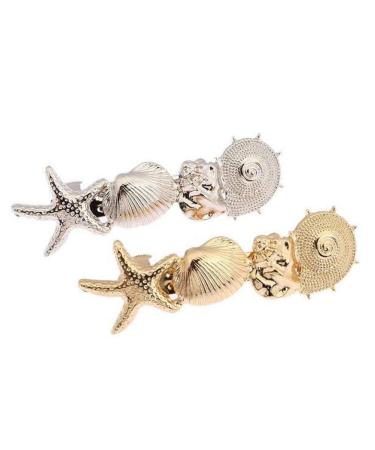 2pcs Women Girls New Oceanic Style Gold Metal Shell Sea Star Hair Clip Barrette Clopin Hair Accessories Gold+Silver