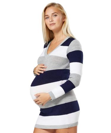 Zeta Ville Women's - Maternity Stripes Knit Jumper Dress Tunic Top V-Neck - 405c 16-18 Navy