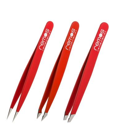 REMOS tweezers set 3-piece with eyebrow splinter & combination tweezers in red 3-piece red