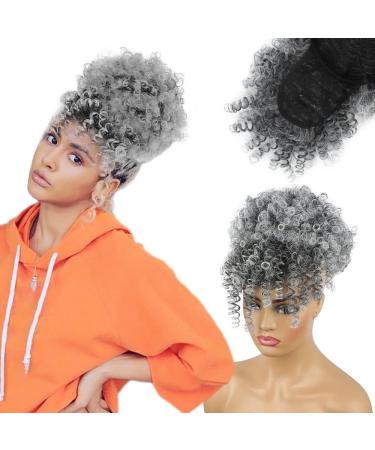 ENTRANCED STYLES Drawstring Ponytail with Bangs Afro Puff Ponytail Extensions for Women Short Curly Puff Ponytail with Bangs Clip in Wrap Updo Hairpiece for Women (T-gray)