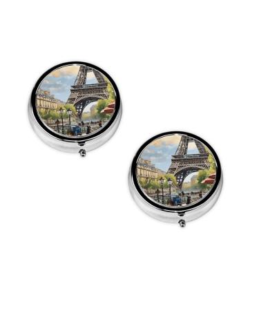 Romantic Paris Eiffel Tower Printed Mini Round Pill Box Pill Box 3 Compartment Medicine Pill Case Pill Organizer Travel Pillbox Portable Pill Box for Pocket Home Office Use