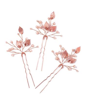 Missgrace Bridal Crystal Leaf Rose Gold Hair Pins Women Crystal Headpiece Wedding Rose Gold Leaf Hair Pins Clip Hair Jewelry Wedding Hair Accessories (Pack of 3)