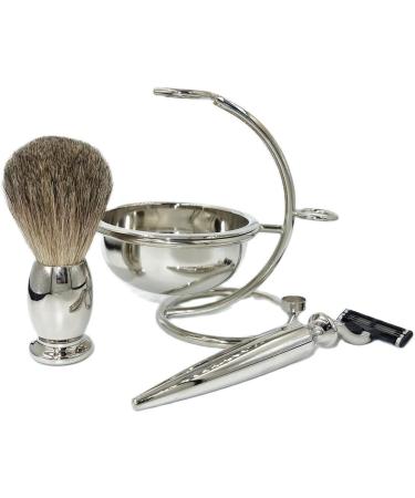 NSNT Exquisit Men's Shaving Brush Set - Alloy & Natural Roof Hair - Silver Safety & Soap Cup Holder | 15x16cm - Buy Online on GoSupps.com