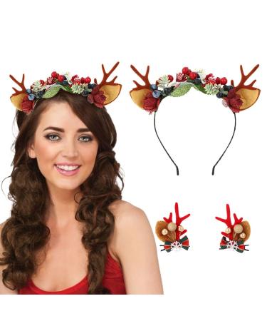 IYOU Christmas Headbands Hair Clips Red Reindeer Antlers Hair Band Flower Dear Ear Hair Accessories for Party Halloween Cosplay