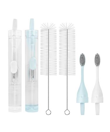 Linkidea 2-in-1 portable toothbrush with integrated hose refillable toothpaste container travel toothbrush set with 2 replacement brush heads and 2 cleaning brushes (blue white) - Buy Online on GoSupps.com