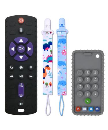 Teething Toys for Baby 2 Pack gtivaa TV Remote Control Shape Teether Toy Mobile Phone Silicone Chew Toys for Toddlers 0months+ 6-24 Months Relief Soothe Sensory Gums Set Boys Girls BPA Free Black+Grey